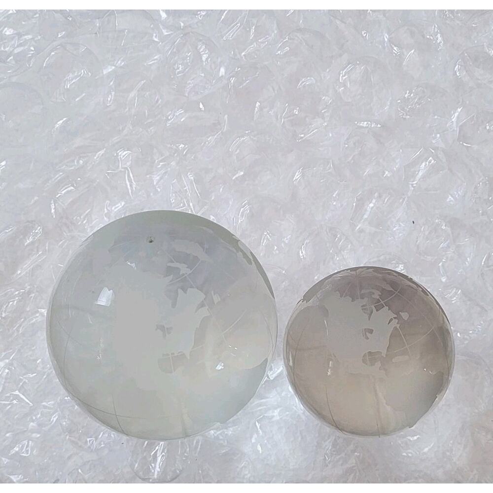 Pair of Frosted Glass‎ World Globes – Large & Small Etched Map Desktop Decor
